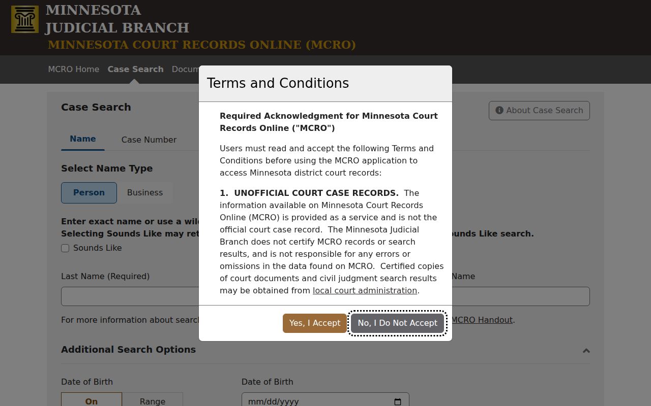 Minnesota Court Records Online county selector showing Kanabec County in the public case search