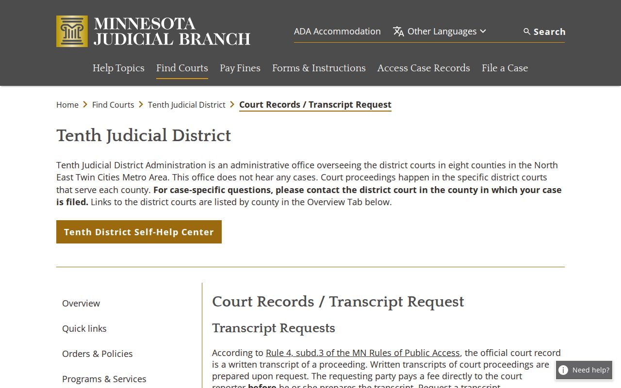 Minnesota court records request page showing public terminal, copy, and mail options for Kanabec County court files