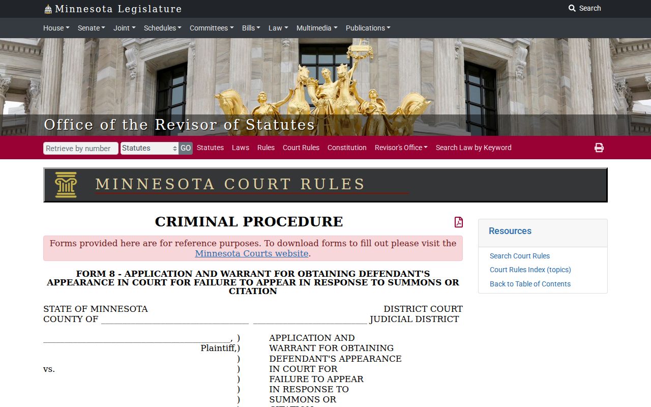 Blank Minnesota district court form used for a Kanabec County bench warrant after a failure to appear
