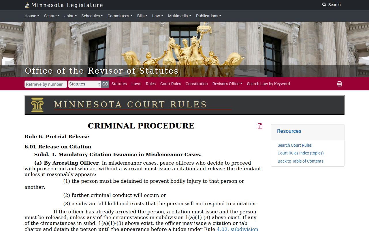 Minnesota court rule text on citations, release conditions, and violation warrants used in Kanabec County traffic cases