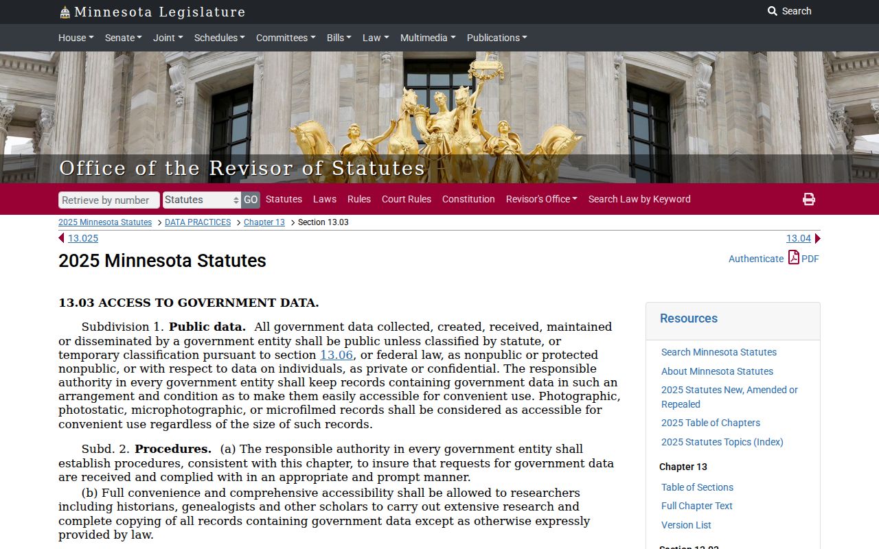 Minnesota statute 13.03 showing the presumption that government data is public for Quamba warrant records