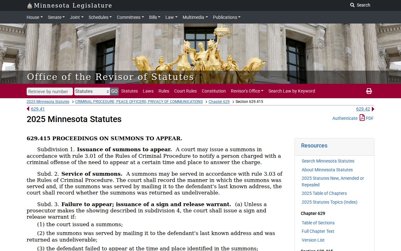 Minnesota Statutes 629.415 text describing the sign-and-release warrant process used in Kanabec County cases