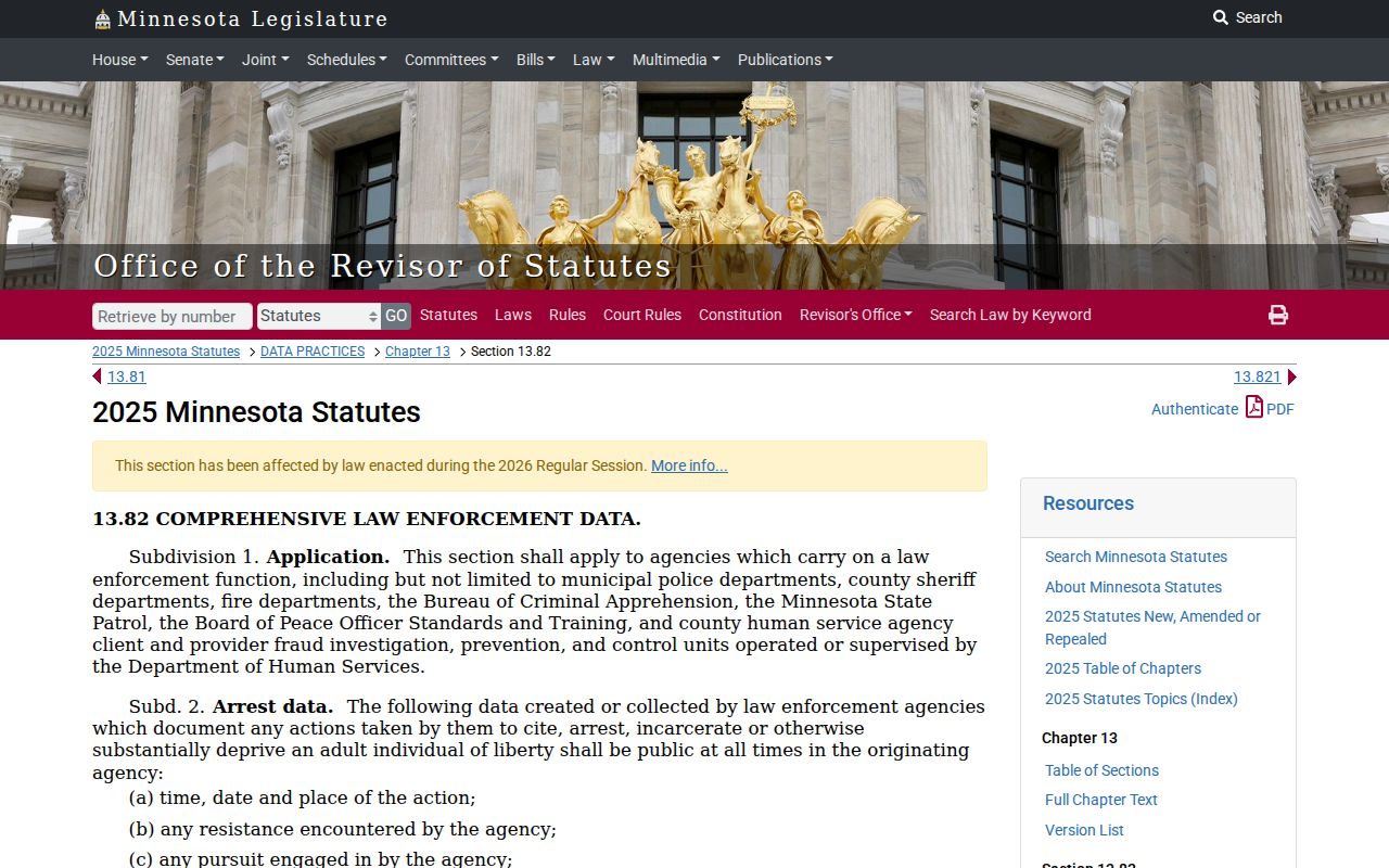 Minnesota statute text on arrest warrant index and booking photo access for Kanabec County warrant records