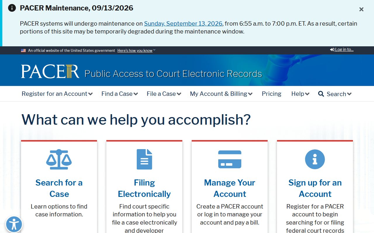 Federal court case lookup page showing the separate PACER system used for Kanabec County federal warrants