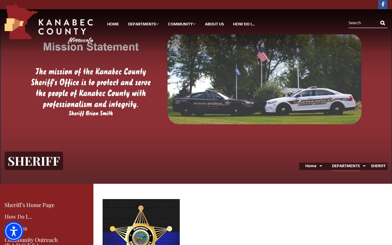 Kanabec County Sheriff page showing the current Mora address, administration hours, and dispatch numbers