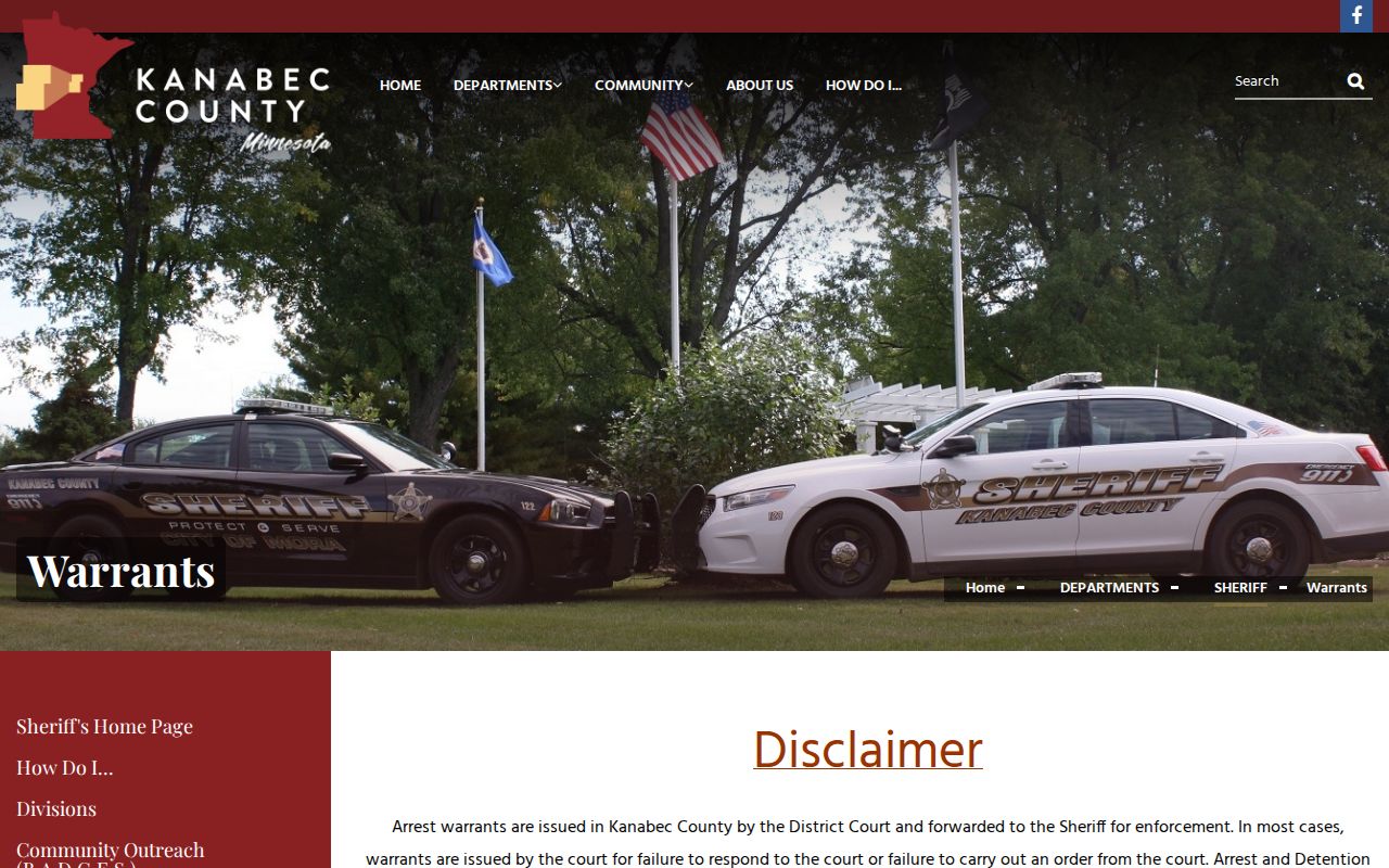 Kanabec County warrant page disclaimer instructing readers to confirm a warrant with the issuing agency
